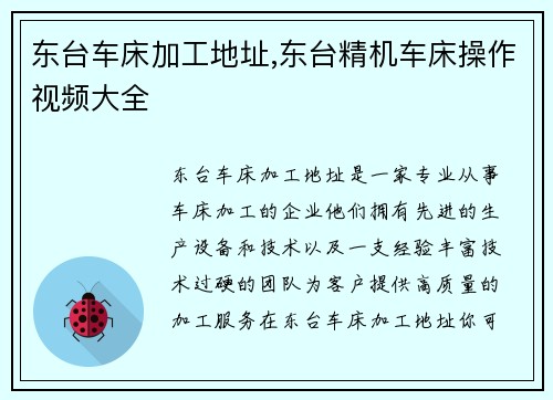 东台车床加工地址,东台精机车床操作视频大全